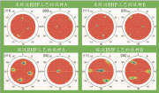 图3：XRD测量的NBSC超合金试样A(左侧)和B(右侧)未进行RHP工艺处理(上面)和进行RHP工艺处理和(下面)的极图