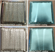 图1：由Dura-Metal (S) Pte Ltd.提供的In625和SS431的LC沉积涂层的照片(a)加厚的In625涂层，(b)研磨的In625涂层，(c)加厚的SS431涂层，和(d)研磨的SS431涂层