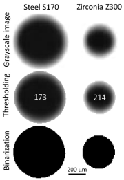 图3：E在白色(255)背景下，钢丸(T=173)和氧化锆弹丸(T=214)的阈值处理实例。  两个样品均以10μm/像素的放大率成像